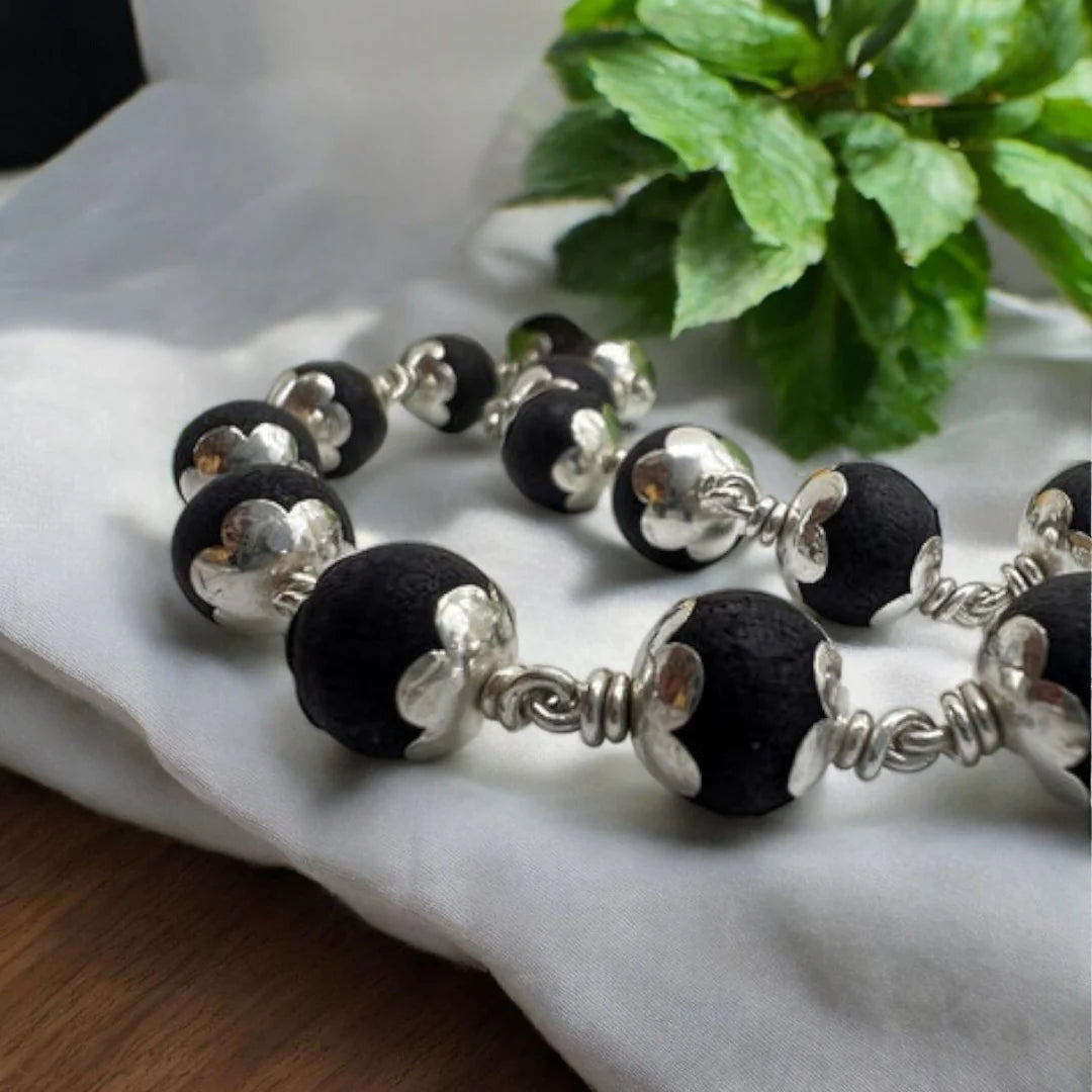 Karungali Mala Silver Cap Necklace