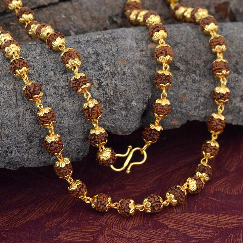 Golden Plated 5 Mukhi Rudraksha Necklace Mala