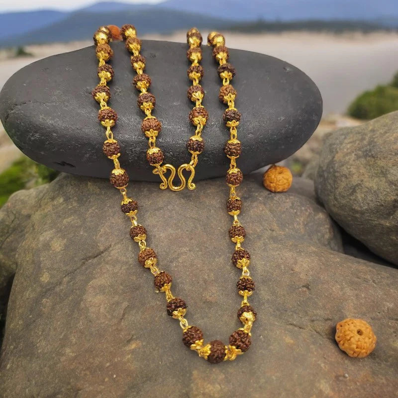 Golden Plated 5 Mukhi Rudraksha Necklace Mala